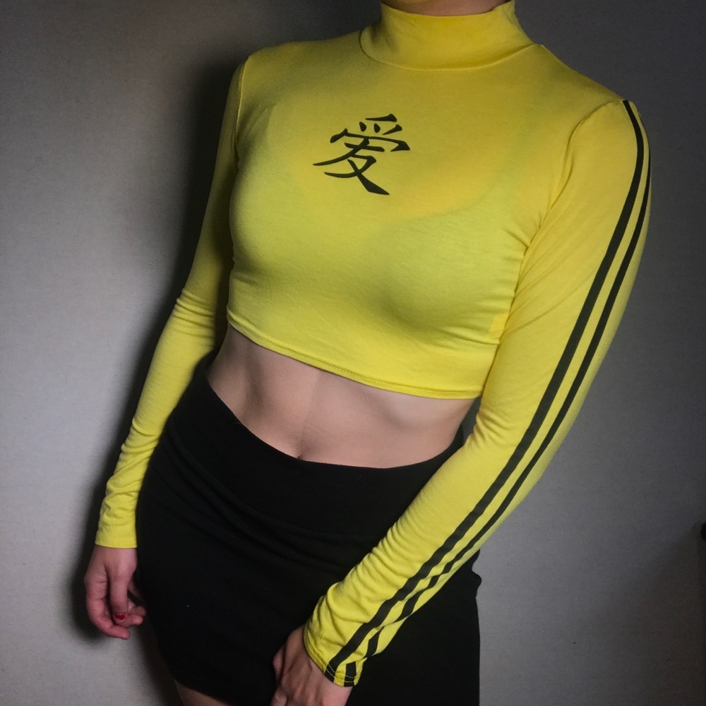 Yellow stripe sleeve high neck crop top